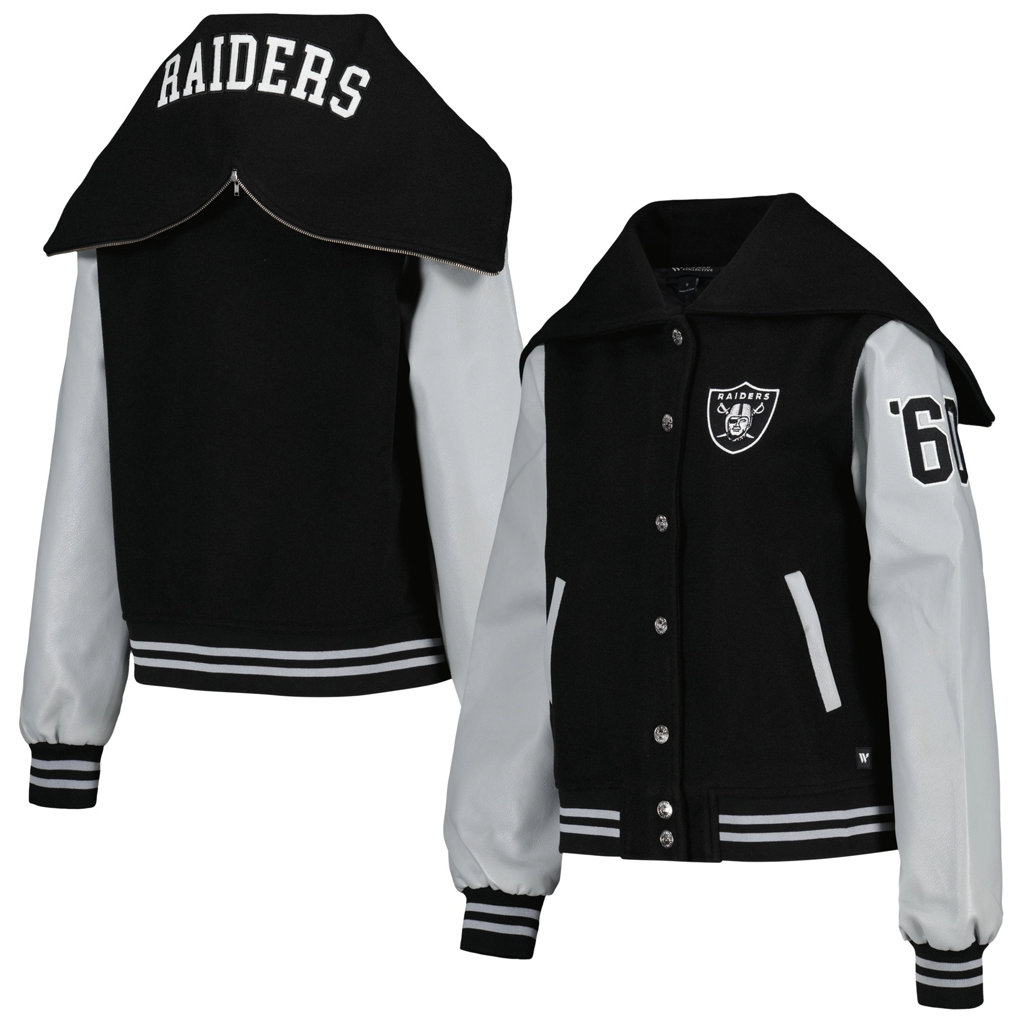 Las vegas raiders womens sailor full snap hooded varsity jacket black grey 1