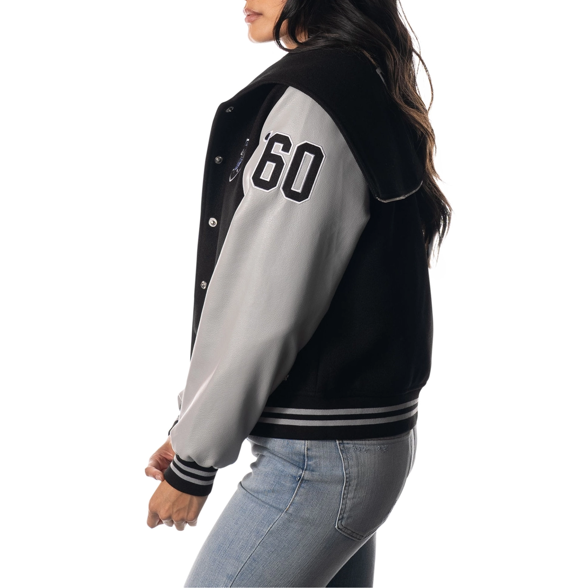 Las vegas raiders womens sailor full snap hooded varsity jacket black grey 2 1