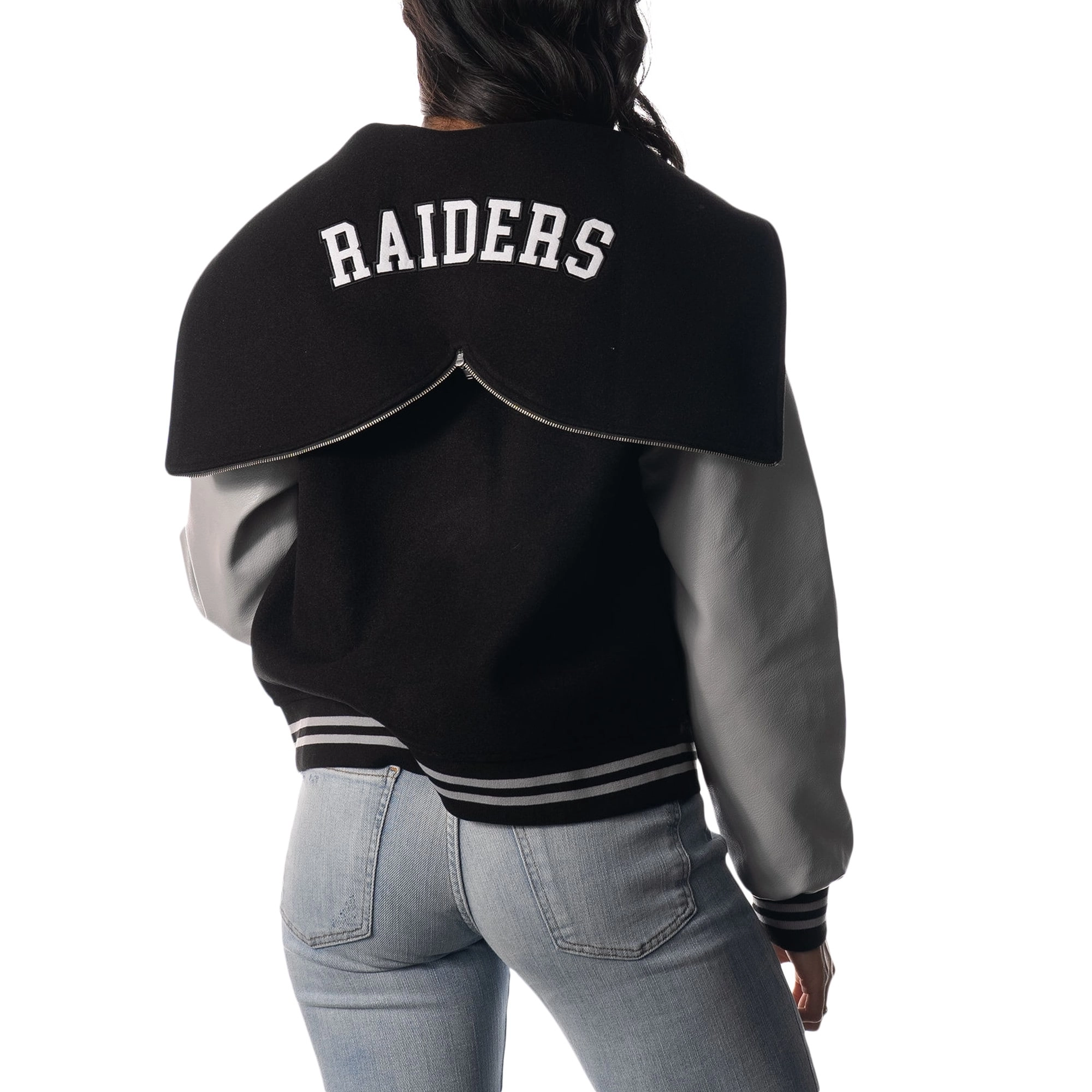 Las vegas raiders womens sailor full snap hooded varsity jacket black grey 3 1
