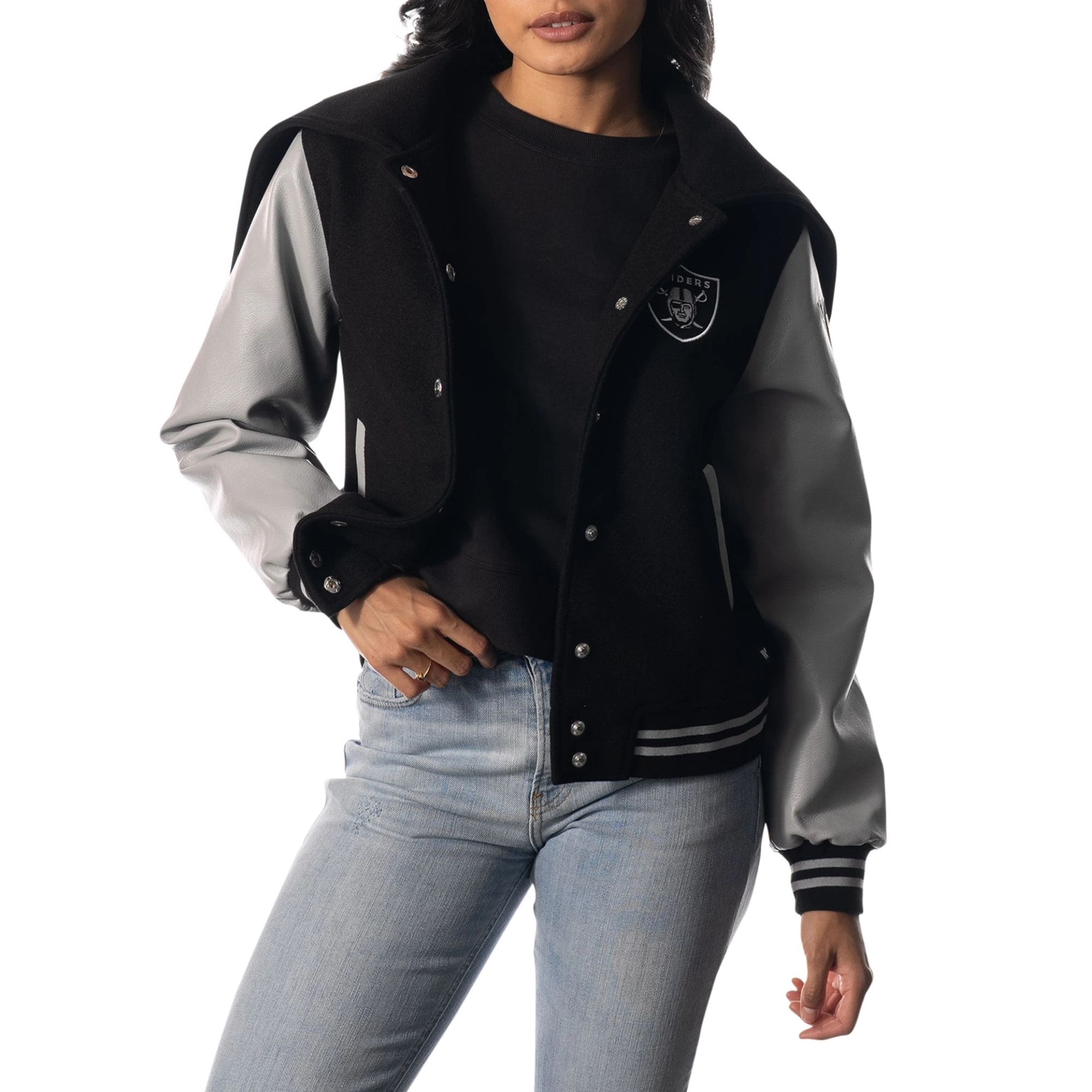 Las vegas raiders womens sailor full snap hooded varsity jacket black grey 4 1