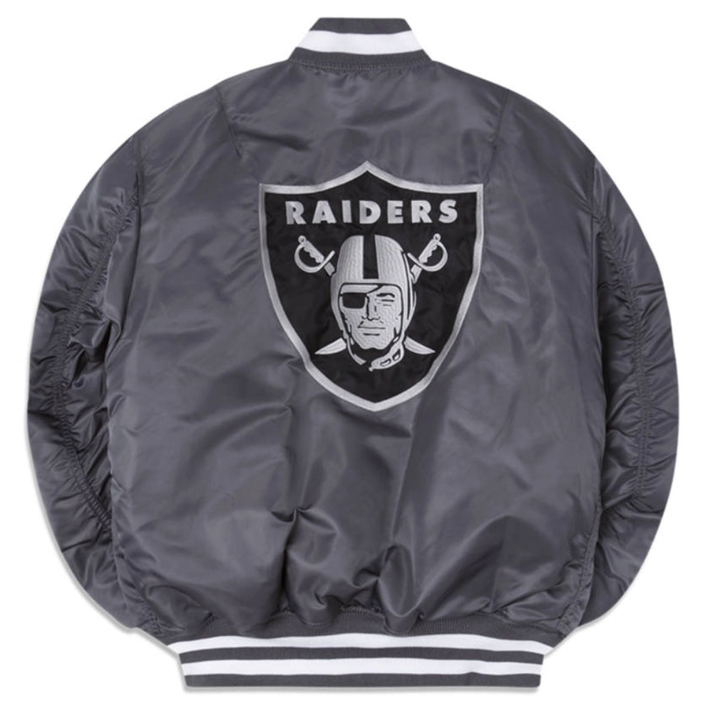 Las vegas raiders x alpha x new era ma 1 bomber varsity jacket grey 1 1