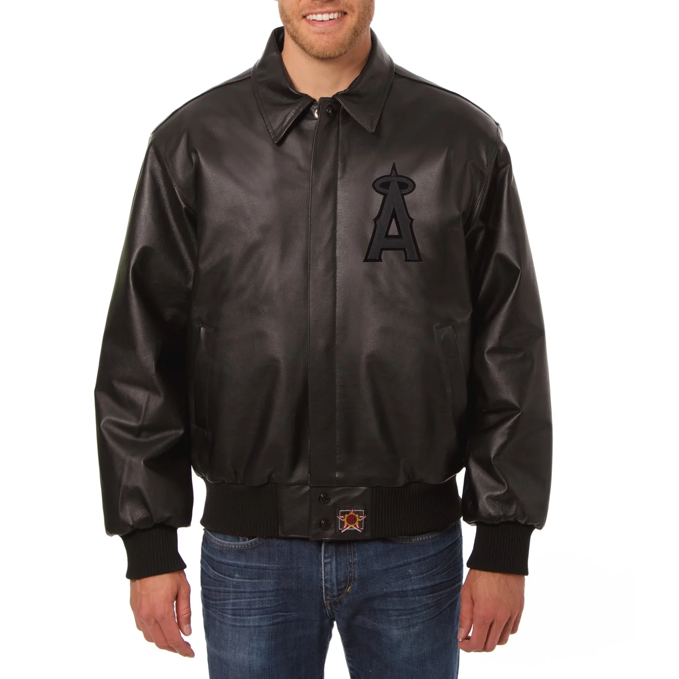 Los angeles angels full leather bomber varsity jacket black 3