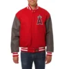 Los angeles angels two tone handcrafted leather logo wool jacket red gray 1