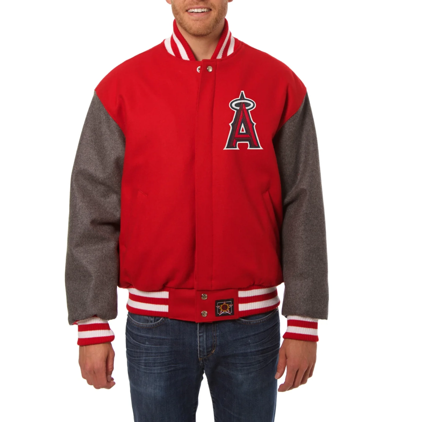 Los angeles angels two tone handcrafted leather logo wool jacket red gray 1