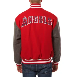 Los angeles angels two tone handcrafted leather logo wool jacket red gray 2