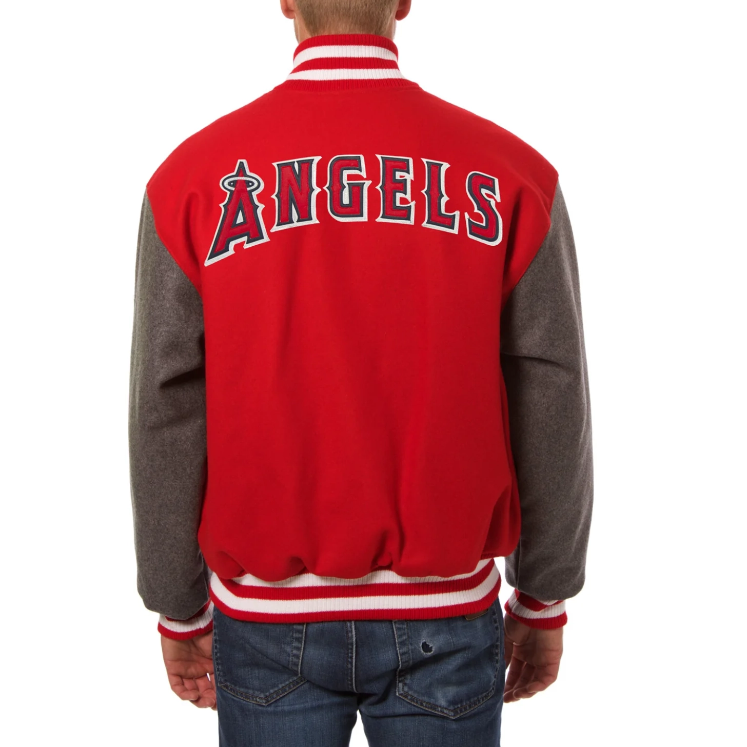 Los angeles angels two tone handcrafted leather logo wool jacket red gray 2