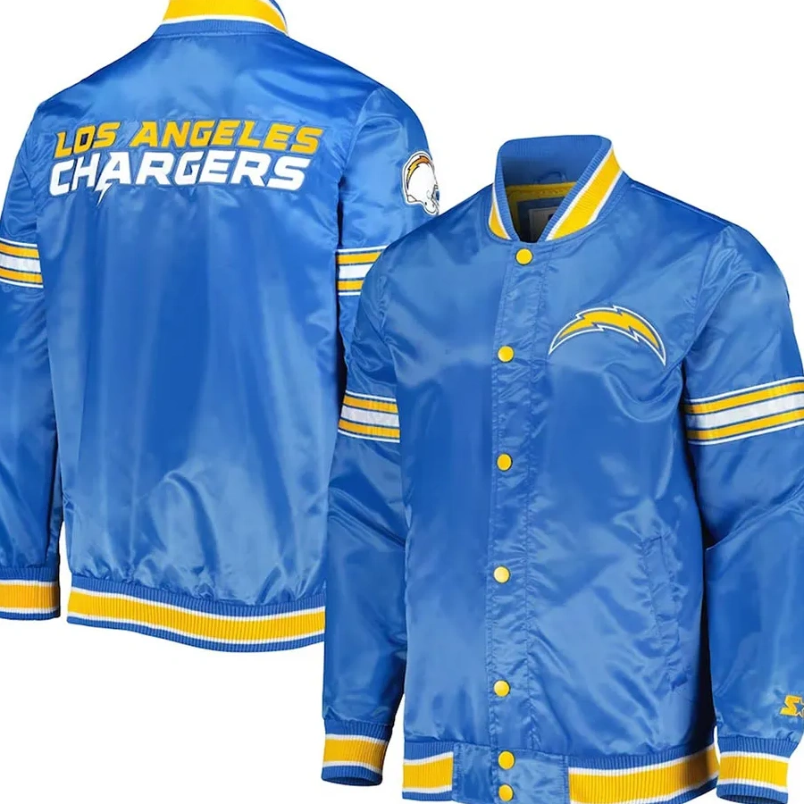 Los angeles charger midfield full snap satin varsity jacket blue 2 1