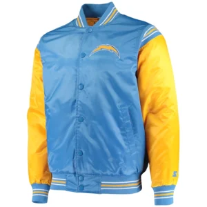 Los angeles chargers enforcer full snap satin varsity jacket blueyellow