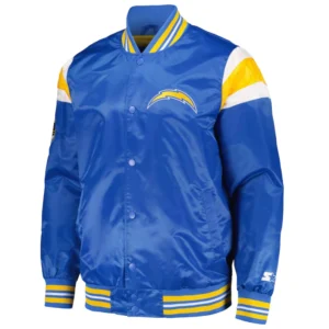 Los angeles chargers full snap satin varsity jacket blue 1