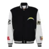Los angeles chargers jeff hamilton black white wool and leather varsity jacketlos angeles chargers jeff hamilton full black leather varsity jacket copy 1