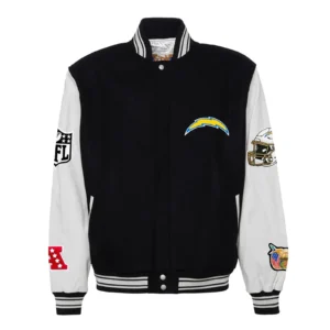 Los angeles chargers jeff hamilton black white wool and leather varsity jacketlos angeles chargers jeff hamilton full black leather varsity jacket copy 1