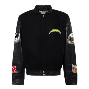 Los angeles chargers jeff hamilton black wool and leather varsity jacket 1