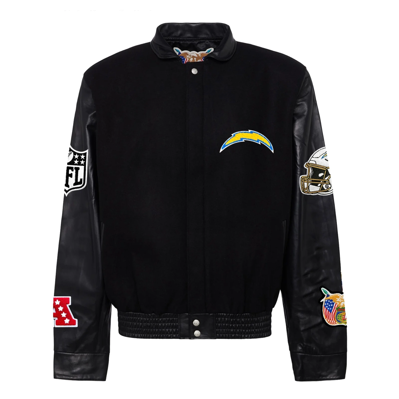 Los angeles chargers jeff hamilton black wool and leather varsity jacket 1