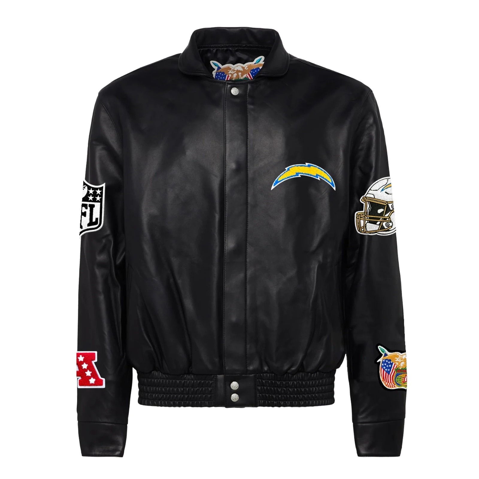 Los angeles chargers jeff hamilton full black leather varsity jacket 1