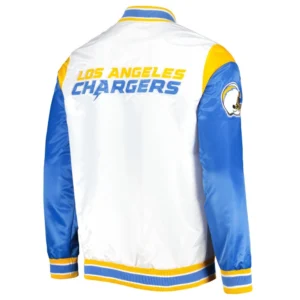 Los angeles chargers pitch full snap satin varsity jacket white blue 1