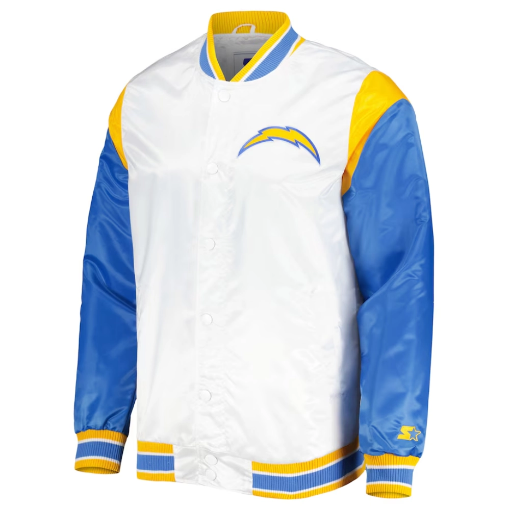 Los angeles chargers pitch full snap satin varsity jacket white blue 2