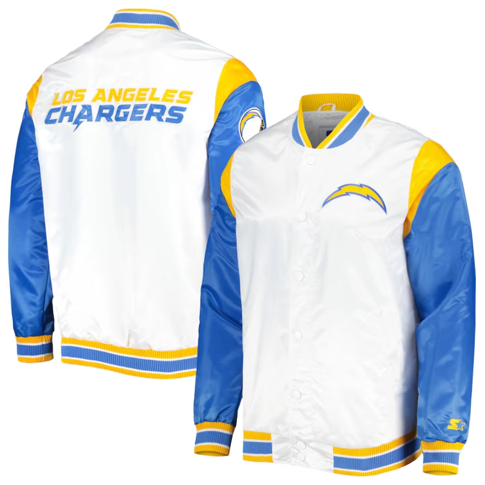 Los angeles chargers pitch full snap satin varsity jacket white blue 3
