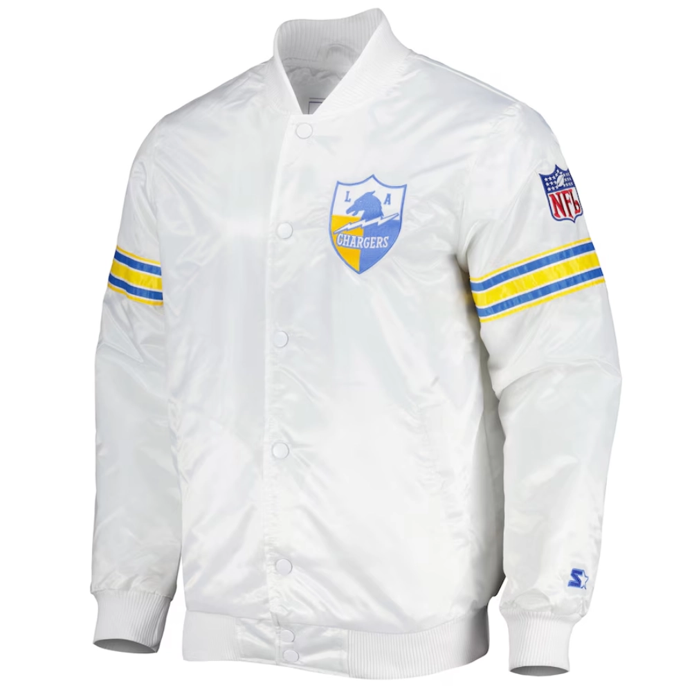 Los angeles chargers power forward full snap satin varsity jacket white 1