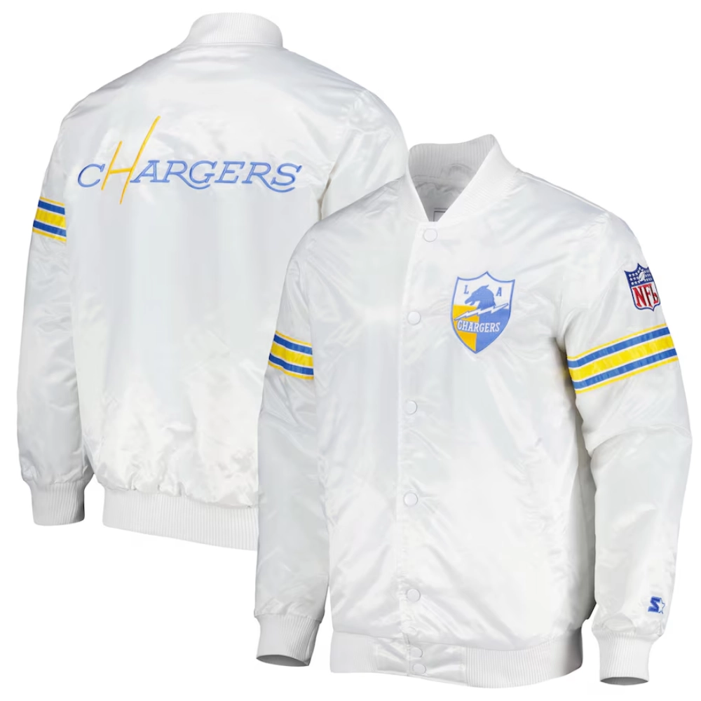 Los angeles chargers power forward full snap satin varsity jacket white 2