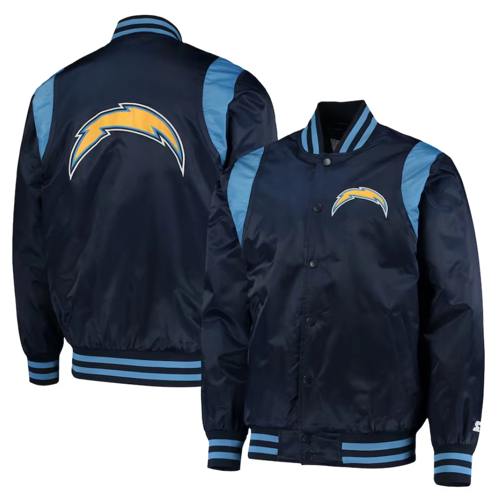 Los angeles chargers prime time full snap satin varsity jacket navy 3