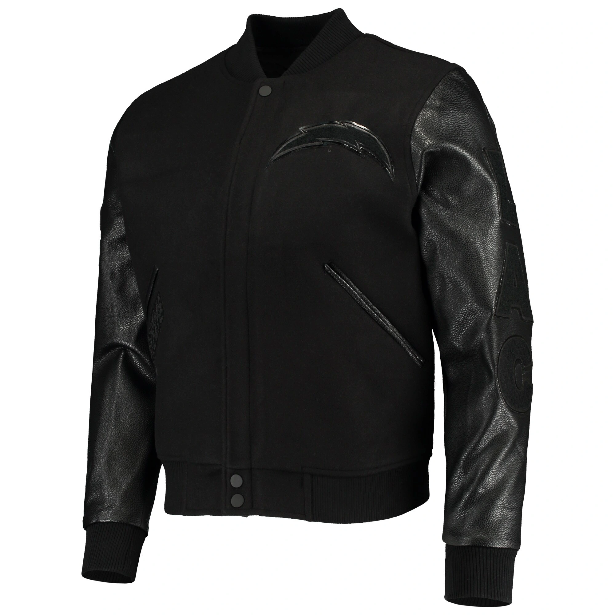 Los angeles chargers pro standard triple black wool and leather varsity jacket 1