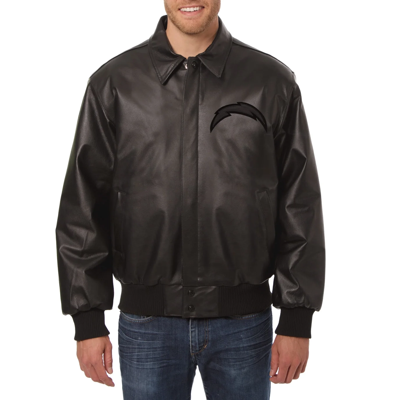 Los angeles chargers tonal full leather bomber jacket black 1