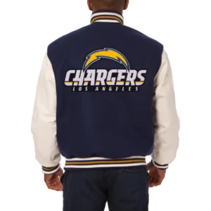Los angeles chargers two tone real wool leather varsity jacket navy white 1 1