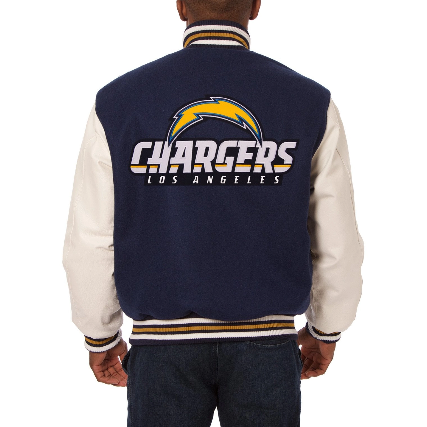 Los angeles chargers two tone real wool leather varsity jacket navy white 1 1