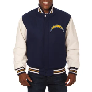 Los angeles chargers two tone real wool leather varsity jacket navy white 1