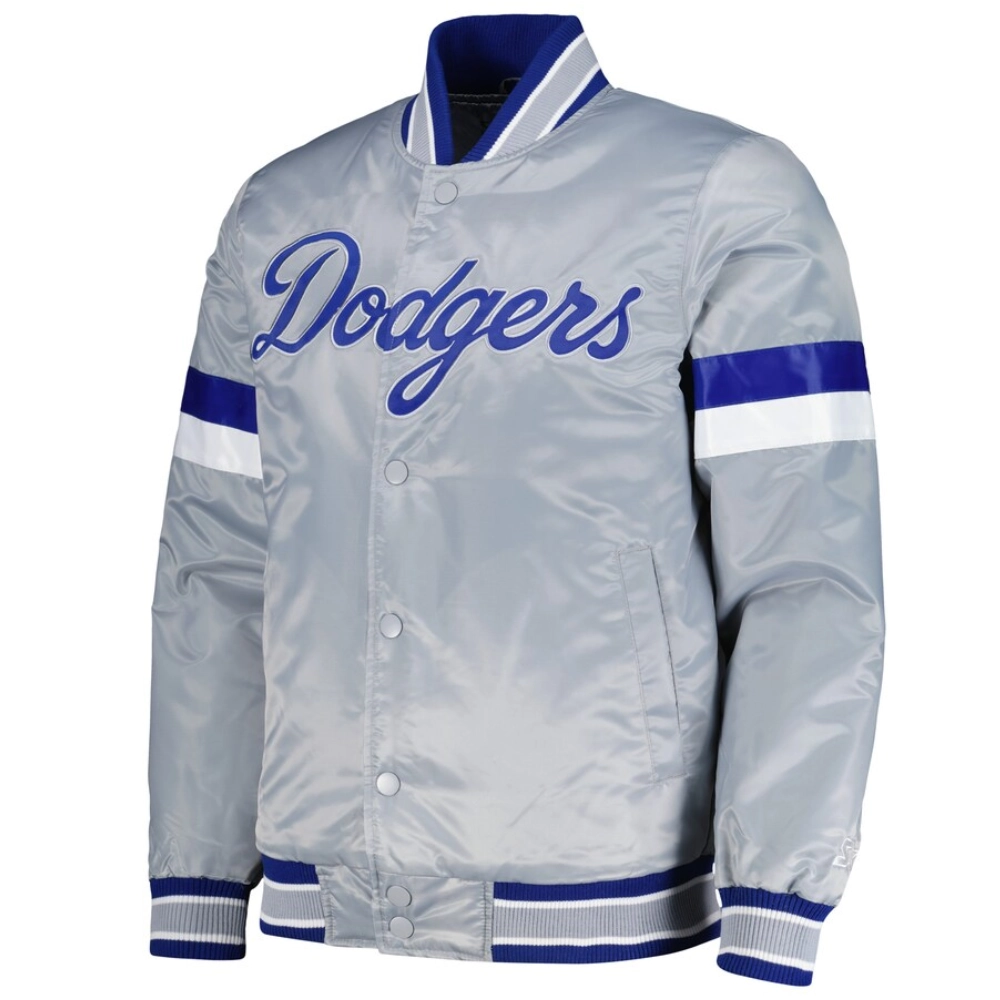 Los angeles dodgers home game satin varsity jacket gray 1