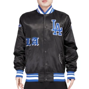 Los angeles dodgers old english full snap satin varsity jacket black processed 1