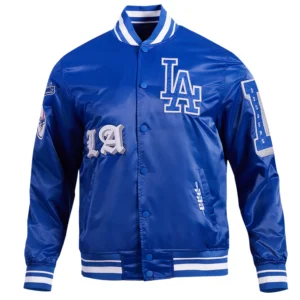 Los angeles dodgers old english full snap satin varsity jacket blue 1 1