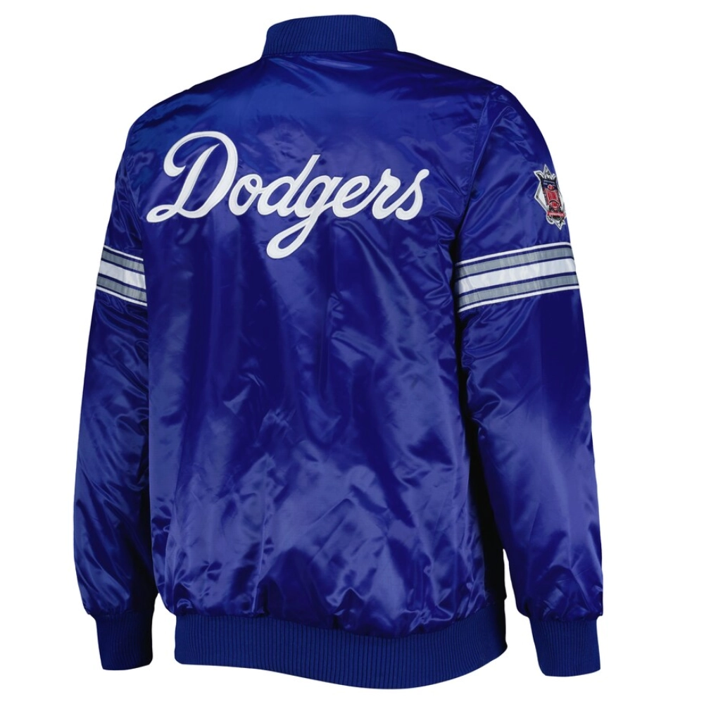 Los angeles dodgers pick roll full snap satin varsity jacket blue 1