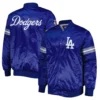Los angeles dodgers pick roll full snap satin varsity jacket blue 3