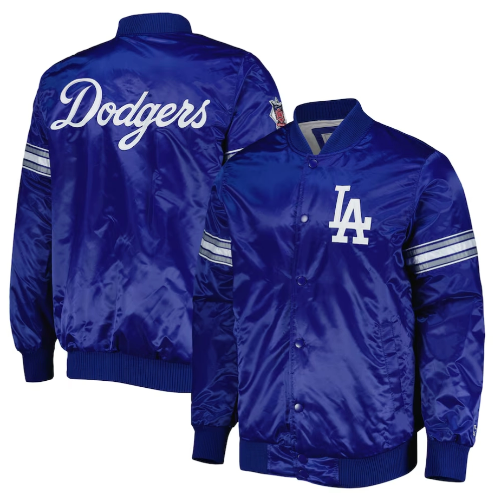Los angeles dodgers pick roll full snap satin varsity jacket blue 3