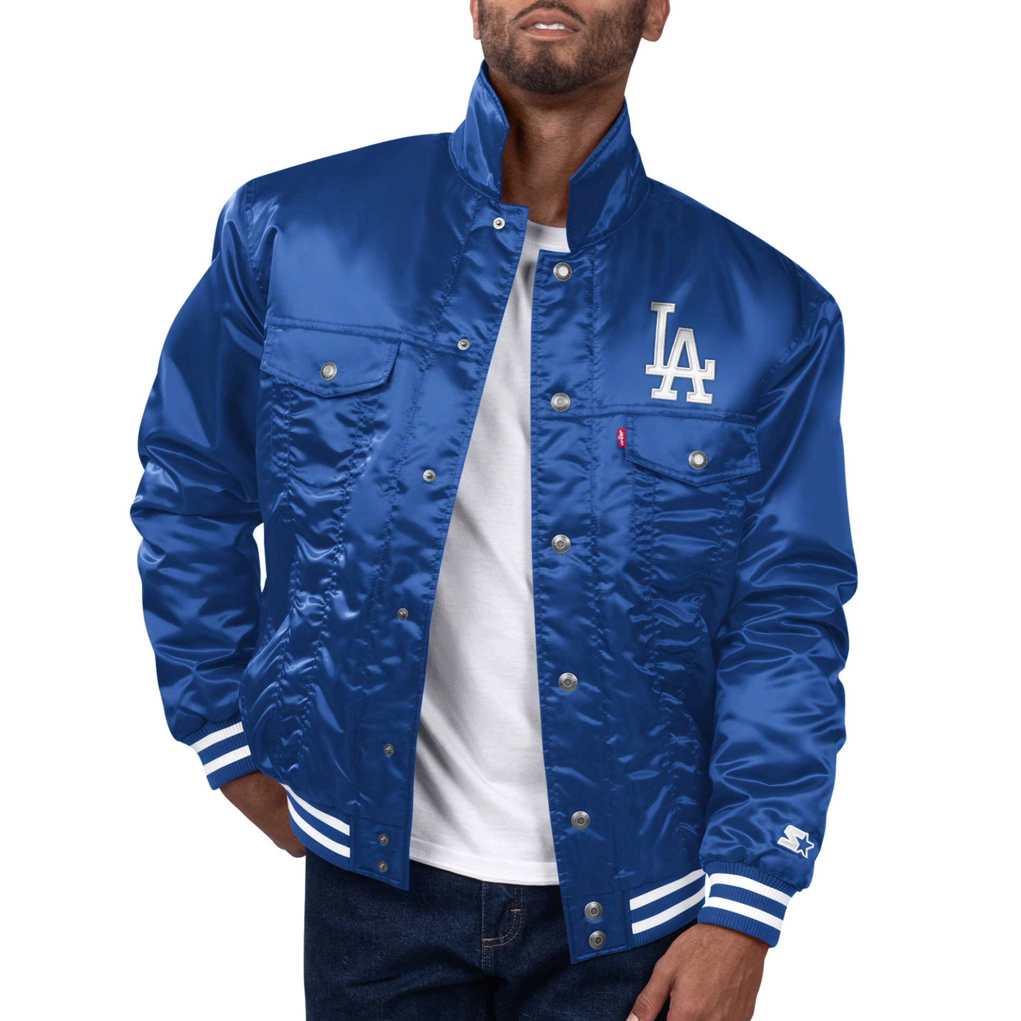 Los angeles dodgers silver tab trucker satin varsity jacket blue 1