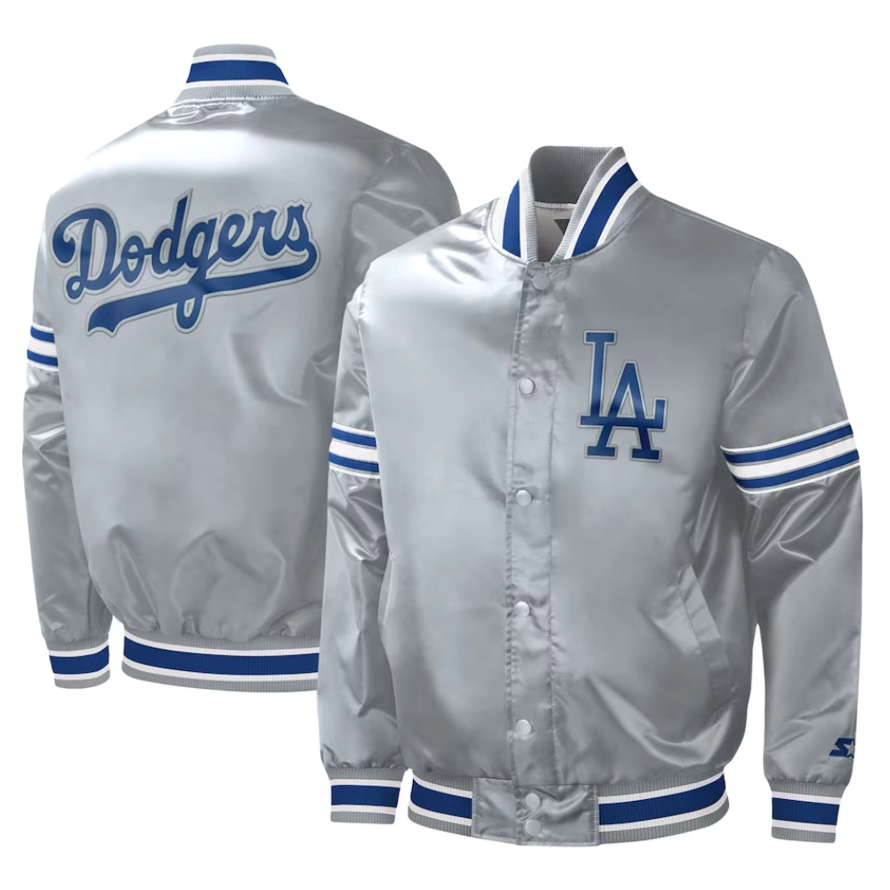 Los angeles dodgers slider full snap satin varsity jacket gray 1