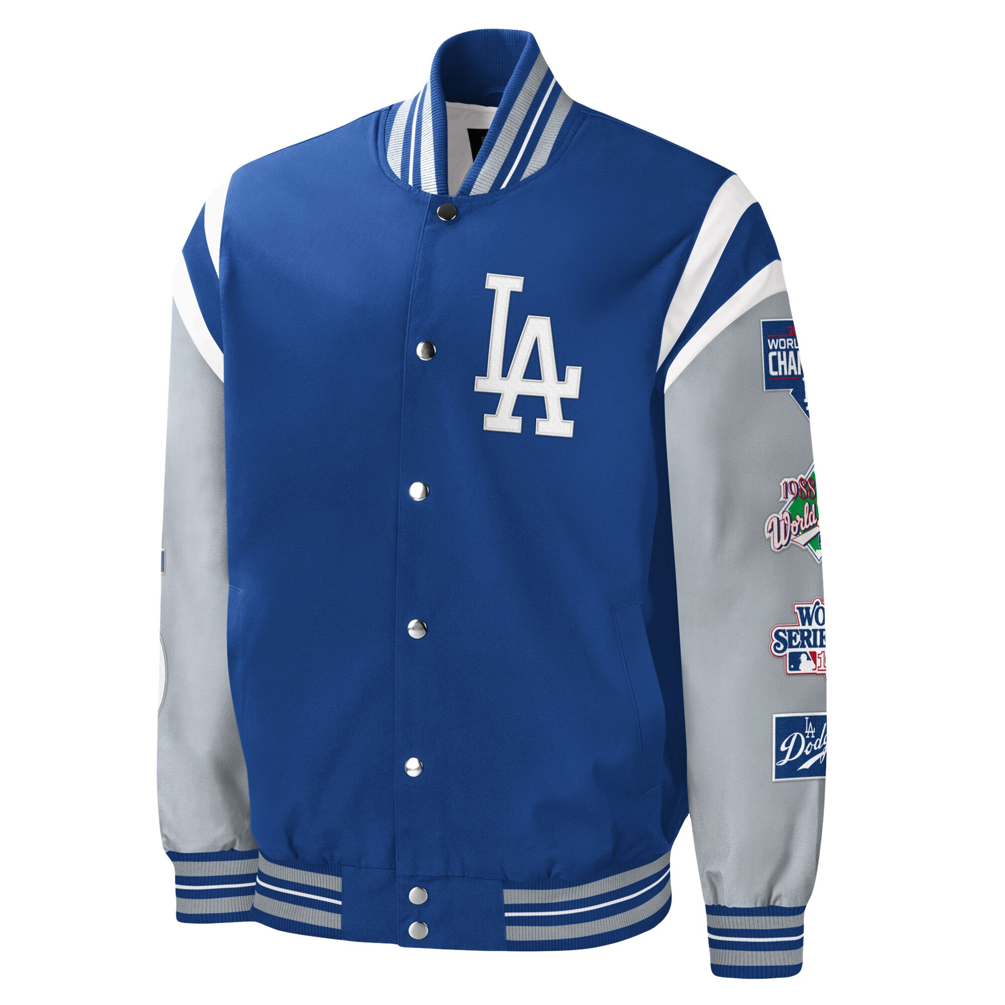 Los angeles dodgers title holder full snap varsity jacket blue grey 1