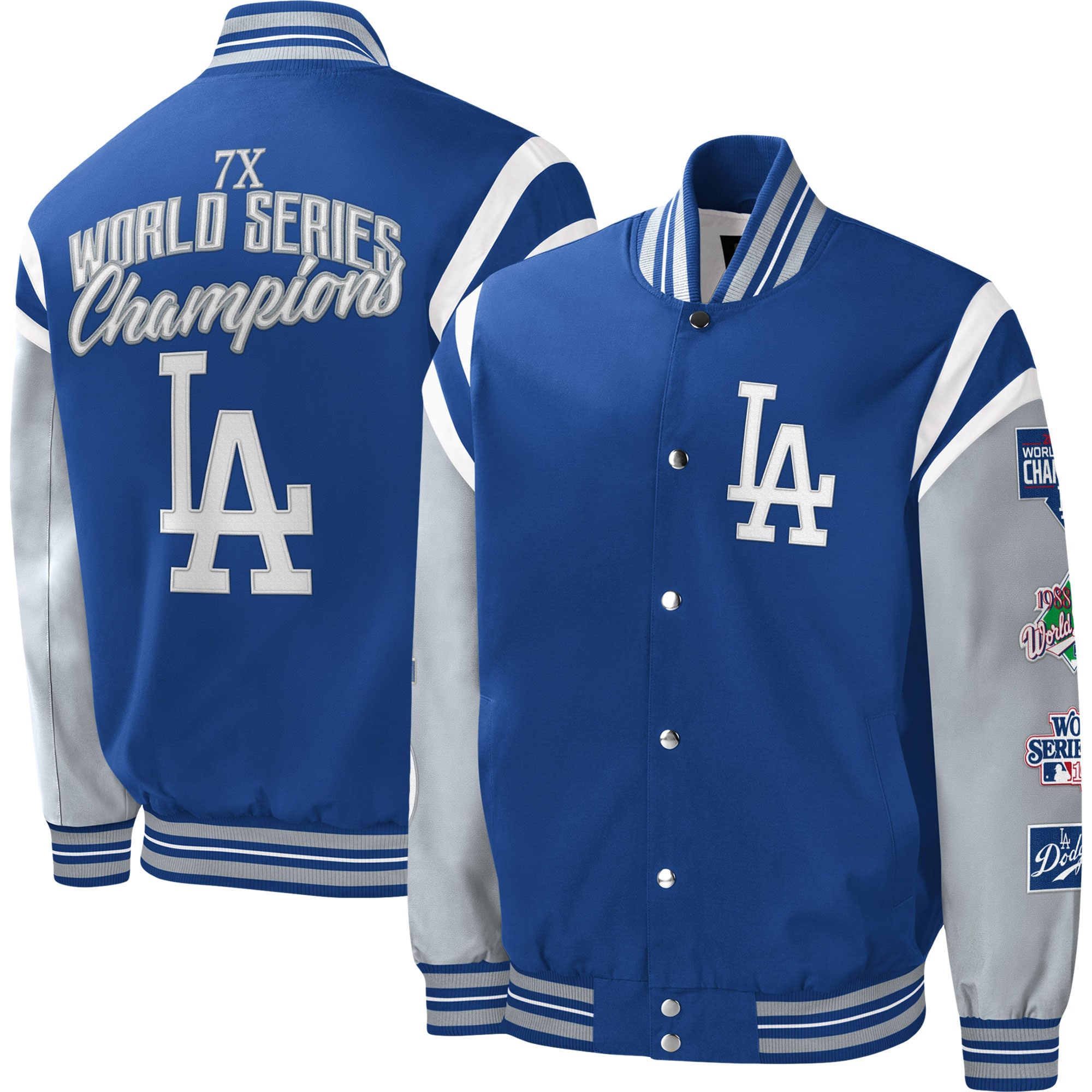 Los angeles dodgers title holder full snap varsity jacket blue grey