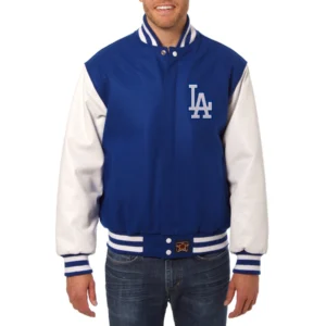 Los angeles dodgers two tone wool leather varsity jacket bluewhite 1