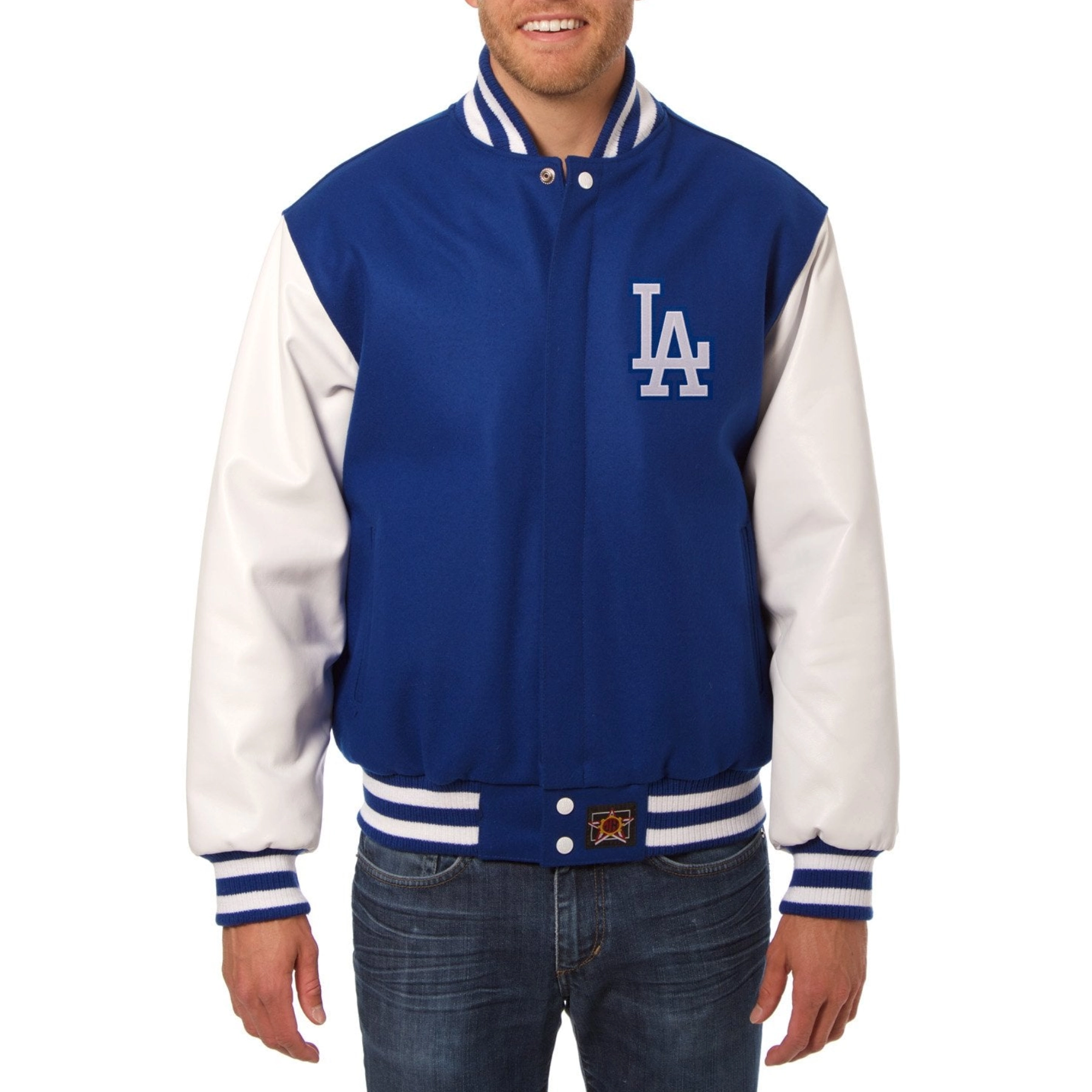Los angeles dodgers two tone wool leather varsity jacket bluewhite 1