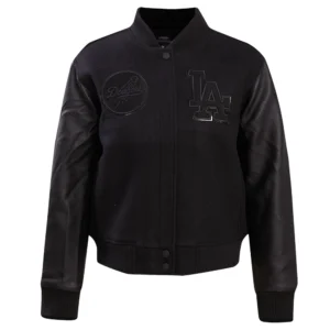 Los angeles dodgers womens triple black wool leather varsity jacket 1 1