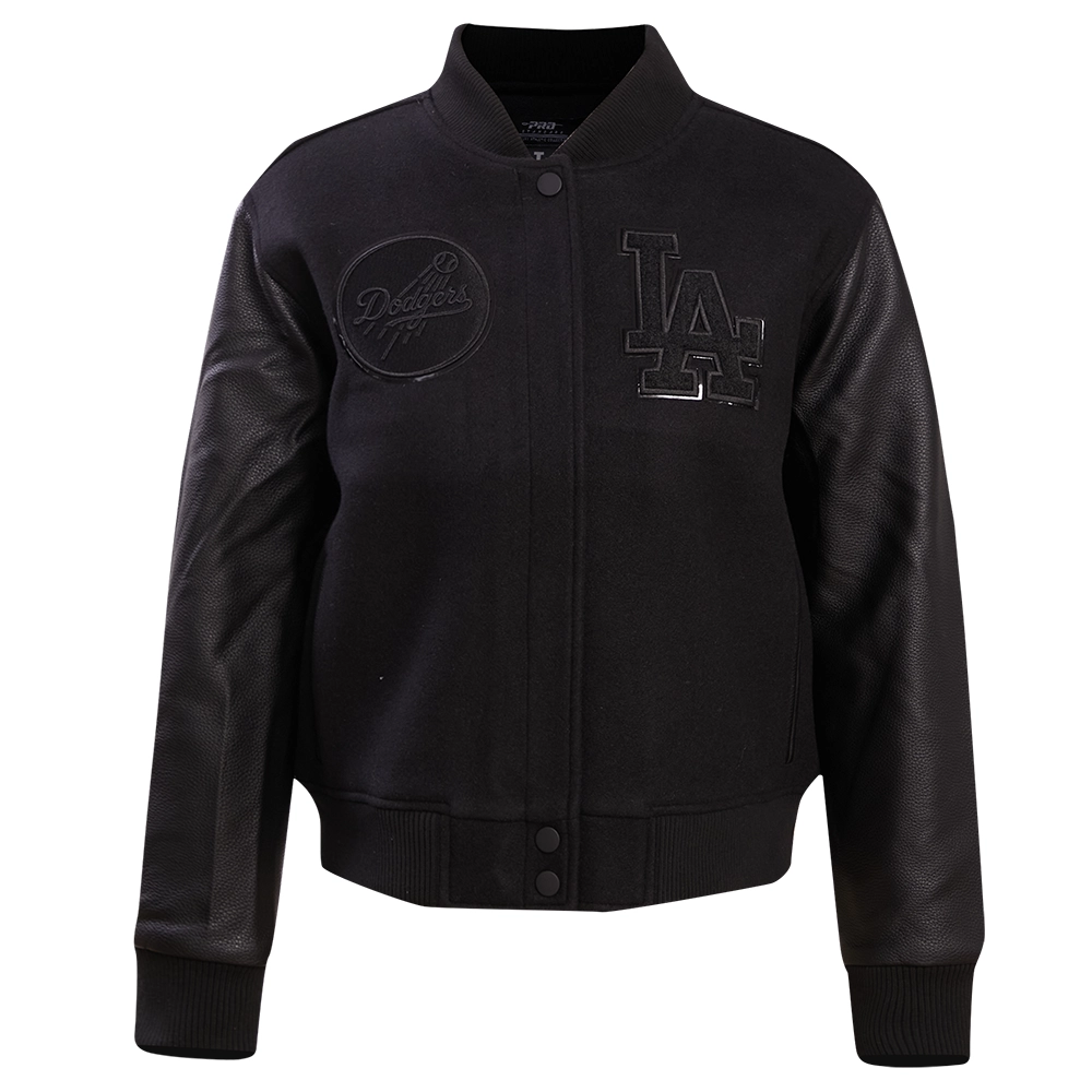 Los angeles dodgers womens triple black wool leather varsity jacket 1 1