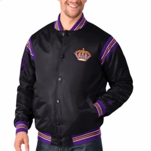 Los angeles kings enforcer full snap satin varsity jacket black