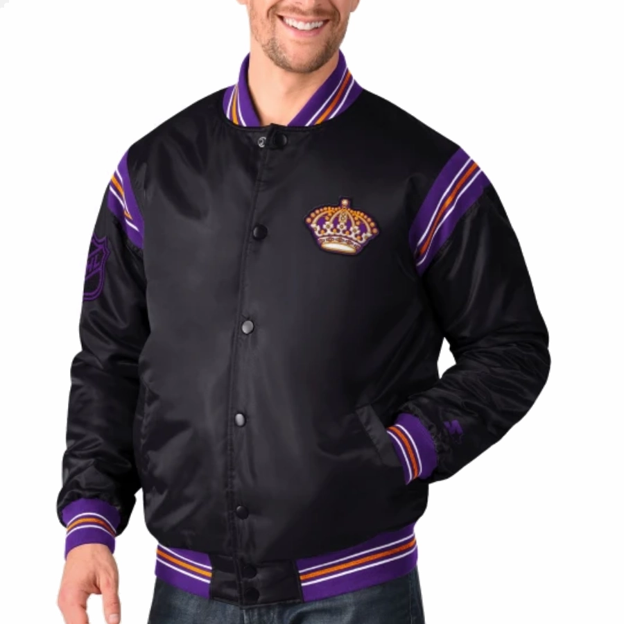 Los angeles kings enforcer full snap satin varsity jacket black