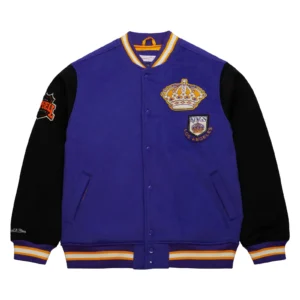 Los angeles kings team legacy full snap satin varsity jacket purple black 1