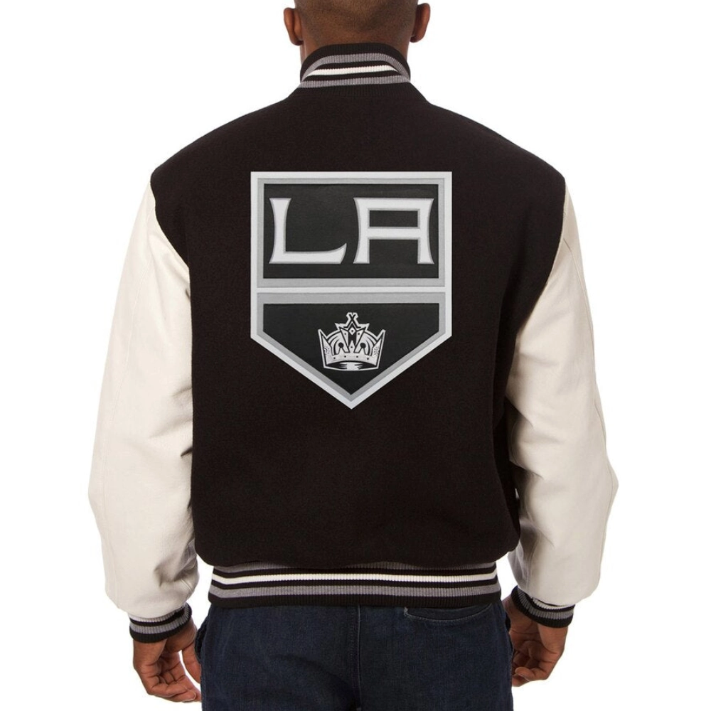 Los angeles kings two tone real wool leather varsity jacket black white 1 1