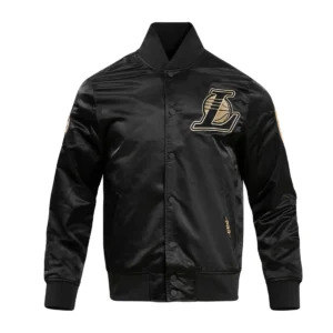 Los angeles lakers black gold full snap satin varsity jacket black 1