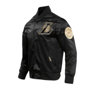 Los angeles lakers black gold full snap satin varsity jacket black 2