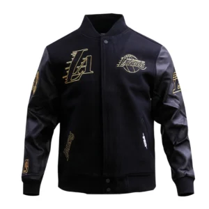 Los angeles lakers black gold wool leather varsity jacket black 1